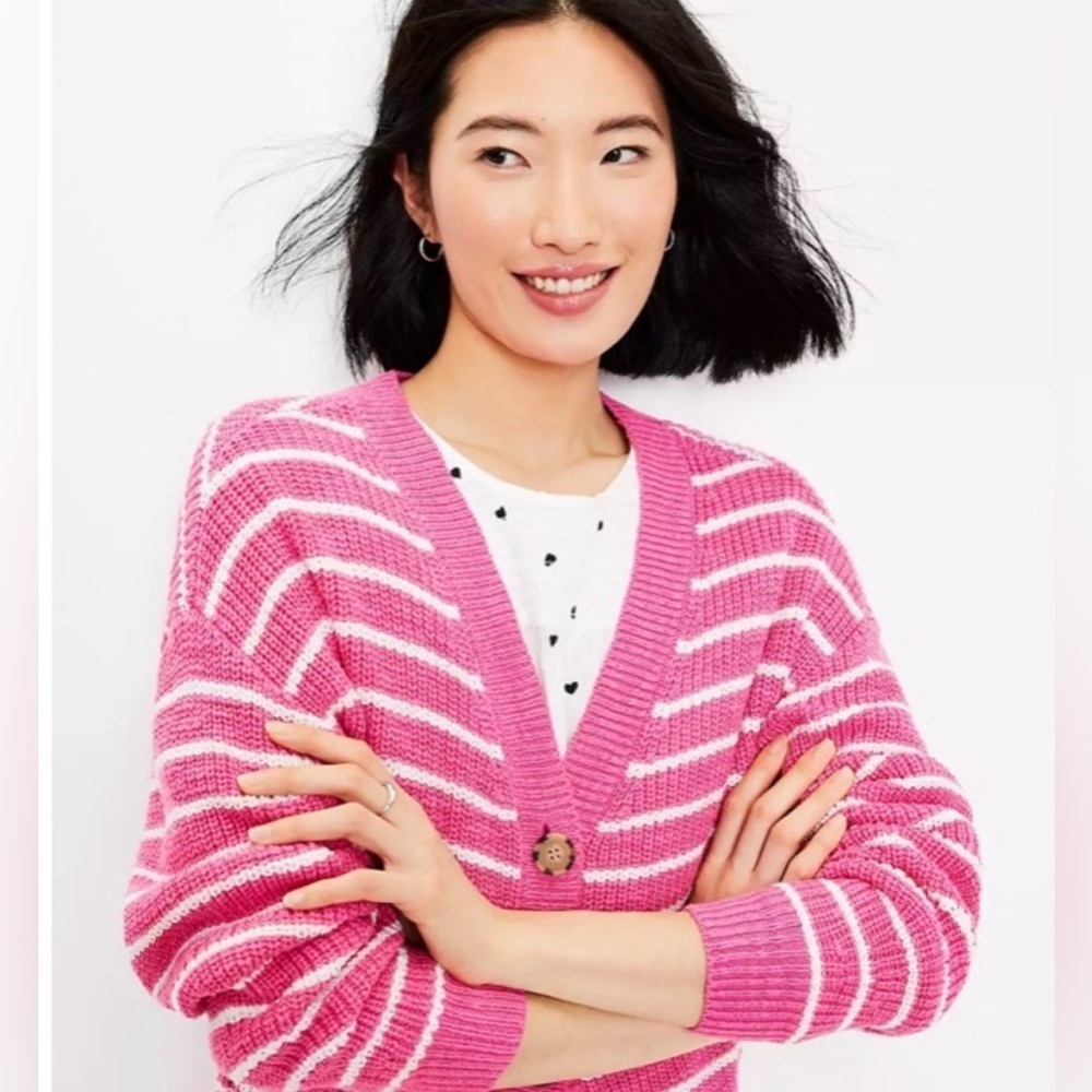 LOFT Striped Relaxed V-Neck Cardigan sweater pink & white preppy casual sz L